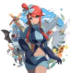  1girl aircraft airplane bird black_eyes blue_eyes blue_jacket blue_shorts bright_pupils closed_mouth cloud commentary_request cropped_jacket fangs fangs_out feathers gloves hair_ornament hand_on_hip highres hirono_(hxze4434) jacket midriff navel one_side_up pokemon pokemon_(creature) pokemon_(game) pokemon_bw pokemon_center red_hair rotom rotom_(fan) short_hair_with_long_locks short_shorts shorts sidelocks sky skyla_(pokemon) smile swanna swoobat turtleneck white_pupils windmill 