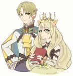  1boy 1girl alfred_(fire_emblem) bangs blonde_hair book brother_and_sister butterfly_hair_ornament cape celine_(fire_emblem) crown dress fire_emblem fire_emblem_engage green_eyes hair_ornament hand_on_hip holding holding_book horohoro9999 long_hair long_sleeves looking_at_viewer short_hair siblings smile twitter_username upper_body very_long_hair white_background 