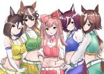  5girls :d agnes_digital_(umamusume) air_groove_(umamusume) animal_ears bangs bare_shoulders blue_choker blue_eyes blue_skirt blush bow brown_eyes brown_hair choker closed_mouth collar collarbone commentary_request crop_top detached_collar elbow_gloves fingerless_gloves frilled_gloves frills gloves green_skirt hair_between_eyes hair_bow hair_over_one_eye hand_on_another&#039;s_hip highres horse_ears horse_girl horse_tail long_hair midriff multicolored_hair multiple_girls navel off-shoulder_shirt off_shoulder orange_gloves parted_bangs parted_lips pink_collar pink_hair pink_skirt pleated_skirt puffy_short_sleeves puffy_sleeves purple_eyes red_bow shirt short_sleeves simple_background skirt sleeveless sleeveless_shirt smile star_(symbol) streaked_hair symboli_rudolf_(umamusume) tail tanino_gimlet_(umamusume) two-tone_hair umamusume very_long_hair vodka_(umamusume) white_background white_gloves white_hair white_shirt wing_collar yellow_skirt yoino_iyo2 