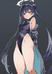  1girl bangs bare_shoulders black_dress black_hair blue_archive blush braid braided_bun breasts butterfly_hair_ornament china_dress chinese_clothes coat double_bun dragon_print dress grey_coat grey_eyes hair_bun hair_ornament halo highres kisaki_(blue_archive) long_hair long_sleeves looking_at_viewer off_shoulder pelvic_curtain pinstripe_pattern short_dress side_slit simao_(x_x36131422) small_breasts solo striped thighs twintails vertical-striped_coat 