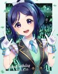  1girl absurdres bangs birthday blue_hair breasts commentary confetti dated earrings english_text gloves glowstick hair_ribbon happy_birthday high_ponytail highres jewelry kyaku_tatsu looking_at_viewer love_live! love_live!_sunshine!! matsuura_kanan medium_breasts purple_eyes ribbon sidelocks signature smile solo sparkle upper_body white_gloves 
