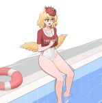  1girl absurdres alternate_costume animal_on_head bangs bird bird_on_head bird_wings blonde_hair breasts chick clothes_writing commission covered_navel english_commentary highres lifebuoy lifeguard mata_(matasoup) multicolored_hair niwatari_kutaka on_head open_mouth poolside red_eyes short_hair short_sleeves sitting touhou two-tone_hair wading whistle whistle_around_neck wings yellow_wings 