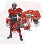  1boy armor arms_at_sides artist_name belt black_bodysuit black_footwear bodysuit boots breastplate clenched_hands commentary english_commentary finger_on_trigger full_body groudon gun handgun helmet highres holding holding_weapon kamen_rider kamen_rider_ryuki_(series) male_focus official_art_inset pokemon pokemon_(creature) shin_guards shoulder_armor signature spikes standing to_ze vambraces weapon zoom_layer 
