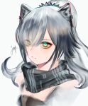  1girl animal_ears arknights black_scarf cat_ears commentary grey_background grey_hair hair_over_one_eye je_pep long_hair scarf schwarz_(arknights) simple_background solo upper_body yellow_eyes 