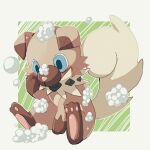  animal_focus blue_eyes commentary_request foam full_body looking_down no_humans pokemon pokemon_(creature) rockruff sitting soap_bubbles solo toriki_(hed-1) 