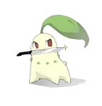  :3 bright_pupils chikorita glint highres knife knife_in_mouth looking_to_the_side milka_(milk4ppl) mouth_hold no_humans pokemon pokemon_(creature) red_eyes signature simple_background solo standing white_background white_pupils 