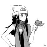  1girl beanie blush closed_mouth commentary_request dawn_(pokemon) eyelashes gengar greyscale hair_ornament hairclip hand_on_hip hand_up hat heart long_hair looking_to_the_side monochrome omyo_(myomyomyo22) poke_ball_print pokemon pokemon_(creature) pokemon_(game) pokemon_dppt poketch scarf shirt sidelocks signature sleeveless sleeveless_shirt upper_body watch wristwatch 