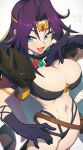  1girl abs armor artist_name bangs belt_pouch blue_eyes breasts cleavage commentary elbow_gloves gloves hand_on_hip hand_up hata4564 highleg highleg_panties highres jewelry large_breasts long_hair looking_at_viewer naga_the_serpent navel open_mouth panties parted_bangs pouch purple_hair shiny_clothes shoulder_armor signature simple_background slayers smile spikes stomach tiara underwear 
