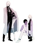  4boys aged_down arjuna_(fate) arjuna_(formal_dress)_(fate) asymmetrical_bangs bangs coat coat_lift coat_on_shoulders collared_shirt dark-skinned_male dark_skin dual_persona earrings fate/grand_order fate_(series) formal fuka_(hk_nemo) full_body gloves hair_between_eyes hand_on_another&#039;s_hip hand_on_another&#039;s_shoulder hand_on_another&#039;s_thigh highres jewelry karna_(fate) karna_(formal_dress)_(fate) kneehighs loafers looking_at_another male_child male_focus monochrome multiple_boys necktie official_alternate_costume one_knee oxfords pants parted_lips pointy_ears shirt shoes short_hair shorts sideways_glance simple_background single_earring socks standing suit suit_jacket swept_bangs vest waistcoat white_background 
