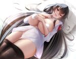  1girl azur_lane bangs bed_sheet black_hair black_pantyhose blush breasts cleavage clothes_pull commentary_request covering covering_breasts crossed_bangs hair_between_eyes hair_ribbon highres index_finger_raised large_breasts long_hair looking_at_viewer lying on_back pantyhose pantyhose_pull pasties pillow red_eyes ribbon sano_sho shirt smile solo taihou_(azur_lane) thick_thighs thighs tongue tongue_out very_long_hair white_shirt 