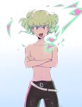  1boy androgynous artist_name bangs belt belt_buckle buckle cowboy_shot crossed_arms fire gradient_background green_fire green_hair grey_background highres leather leather_pants lio_fotia looking_at_viewer male_focus milka_(milk4ppl) navel open_mouth orange_eyes pants promare shiny_clothes short_hair simple_background solo standing studded_belt topless_male white_background 
