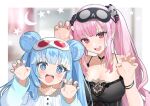  2girls :d arm_up bare_shoulders black_choker black_nightgown black_scrunchie blue_eyes blue_hair blurry blurry_background blush breasts choker claw_pose cleavage collarbone commentary crescent depth_of_field double_bun dress english_commentary hair_bun hair_ornament hair_scrunchie hand_up hands_up hololive hololive_english hololive_indonesia kobo_kanaeru kurot large_breasts long_sleeves mask mask_on_head mori_calliope multiple_girls nightgown pink_hair print_scrunchie red_eyes scrunchie skull_hair_ornament skull_print sleep_mask smile star_(symbol) teeth twintails upper_teeth_only virtual_youtuber white_dress 