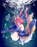  1girl absurdres animal_ear_fluff animal_ears ass blue_kimono breasts bubble fate/extra fate_(series) fox_ears fox_girl fox_tail highres holding_legs japanese_clothes kimono large_breasts looking_at_viewer solo tail tamamo_(fate) tamamo_no_mae_(fate/extra) underwater wisespeak 