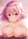  1girl bangs bare_shoulders bikini blush braid breasts cleavage closed_mouth collarbone commentary_request hair_between_eyes hands_up highres hoshizaki_akari large_breasts ongeki pink_bikini pink_hair red_eyes smile solo striped striped_bikini sweat swimsuit twin_braids upper_body zenon_(for_achieve) 