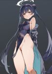  1girl bangs bar_censor bare_shoulders black_dress black_hair blue_archive blush braid braided_bun breasts butterfly_hair_ornament censored china_dress chinese_clothes coat double_bun dragon_print dress grey_coat grey_eyes hair_bun hair_ornament halo highres kisaki_(blue_archive) long_hair long_sleeves looking_at_viewer no_panties off_shoulder pelvic_curtain pinstripe_pattern pussy short_dress side_slit simao_(x_x36131422) small_breasts solo striped thighs twintails vertical-striped_coat 