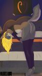  absurd_res anthro arm_warmers armwear bed bedroom bent_over blessy&#039;s_row blonde_hair canid canine canis clothing crop_top fur furniture girly grey_body grey_fur hair hi_res legwear long_hair looking_at_viewer male mammal sam_(grifftomboy) shirt solo stockings tagme topwear wolf 