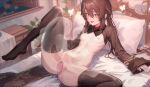  1girl :p bed_sheet black_nails black_thighhighs blush breast_sucking breasts brown_hair bug butterfly censored genshin_impact ghost highres hu_tao_(genshin_impact) indoors leg_up long_hair long_sleeves looking_at_viewer lying mosaic_censoring nail_polish navel nipples nude on_back on_bed open_window pillow pussy red_eyes ruochongsang shrug_(clothing) small_breasts solo stomach stomach_bulge thighhighs tongue tongue_out vaginal window 