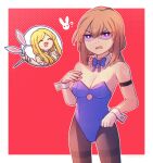  2girls :d ? ^_^ animal_ears annoyed armband bangs bare_shoulders black_pantyhose blonde_hair blue_bow blue_bowtie blue_leotard bow bowtie breasts brown_hair closed_eyes commentary cowboy_shot detached_collar english_commentary fake_animal_ears hair_between_eyes holding_hairband leotard long_hair looking_away medium_breasts multiple_girls open_mouth original outline pantyhose purple_eyes rabbit_ears rectangular_pupils red_background shaded_face shoulder_tattoo simple_background smile solo_focus speckticuls tattoo thighband_pantyhose v-shaped_eyebrows white_outline wrist_cuffs 