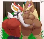  anthro anus assisted_spreading big_butt black_sclera blush blush_lines bottomwear brown_body brown_fur buckteeth butt cinderace clothing cotton_tail detailed_background duo eyelashes female fur generation_4_pokemon generation_8_pokemon genitals grass hi_res huge_butt kneeling lewdpunch lopunny narrowed_eyes nintendo open_mouth panties_outline pants pink_eyes plant pokemon pokemon_(species) pussy rear_view red_body red_bottomwear red_clothing red_eyes red_fur red_pants smile spread_anus spreading tan_body tan_fur teeth thick_thighs tree white_body white_fur wide_hips 