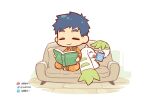  1boy blue_hair book chibi chinese_commentary closed_eyes closed_mouth commentary_request copyright_name couch digignome digimon digimon_(creature) digimon_tamers facing_viewer holding holding_book horns kariki_hajime laughing li_jianliang long_sleeves male_focus on_couch open_book open_mouth orange_pajamas pajamas pixiv_logo pixiv_username short_hair simple_background single_horn sitting smile tearing_up terriermon twitter_logo weibo_logo weibo_username white_background 