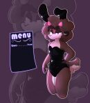  absurd_res andromorph anthro banono banono(character) bovid brown_body brown_fur bunny_costume caprine clothing costume curled_hair fur hair hands_on_hips hi_res intersex latex_clothing looking_at_viewer male mammal menu narrowed_eyes sheep solo solo_focus 