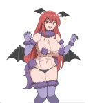  1girl absurdres bangs bat_wings black_panties breasts cleavage cosplay elbow_gloves english_commentary fate/grand_order fate_(series) fur-trimmed_gloves fur_bikini fur_trim gloves head_wings highres koakuma large_breasts long_hair looking_at_viewer mash_kyrielight mash_kyrielight_(dangerous_beast) mash_kyrielight_(dangerous_beast)_(cosplay) mata_(matasoup) multiple_wings navel open_mouth panties purple_gloves purple_thighhighs red_eyes red_hair revealing_clothes sharp_teeth sidelocks solo tail teeth thighhighs touhou underwear wings wolf_tail 
