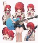  &gt;_&lt; 1girl :d absurdres acoustic_guitar bangs black_skirt blush bocchi_the_rock! bow bowtie closed_mouth collarbone green_eyes guitar guitar_case hair_between_eyes hair_over_shoulder highres holding holding_instrument instrument instrument_case kita_ikuyo long_sleeves looking_at_viewer looking_down lunia medium_hair multiple_views one_eye_closed one_side_up pink_bow pleated_skirt red_hair school_uniform serious shirt sidelocks simple_background sitting skirt smile standing sweatdrop white_background yellow_shirt 