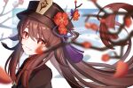  1girl absurdres bangs black_headwear blurry blurry_background brown_hair colored_tips commentary_request depth_of_field flower flower-shaped_pupils from_side genshin_impact gradient_hair grin hair_between_eyes hair_flaps hat hat_branch hat_flower hat_tassel highres hu_tao_(genshin_impact) long_hair looking_at_viewer looking_to_the_side mandarin_collar multicolored_hair plum_blossoms porkpie_hat red_eyes red_shirt shirt sidelocks smile solo symbol-shaped_pupils twintails upper_body very_long_hair xiaomuying 