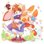  2girls 2others animal_ears animal_nose arms_up artist_name ascot bangs basket blue_ascot blue_bow blue_bowtie blue_flower blue_ribbon blue_skin boots bow bowtie breasts brown_eyes brown_fur brown_hair buttons carrot cheese_(sonic) closed_mouth collared_dress colored_skin commentary constellor cream_the_rabbit dark_skin dress eyelashes flower flying food furry furry_female gloves grass hair_between_eyes hands_up high_heels highres holding holding_basket hug hug_from_behind jumping leg_up lips lipstick looking_at_another makeup medium_breasts mother_and_daughter multicolored_clothes multiple_girls multiple_others neck_ribbon open_mouth orange_dress orange_footwear orange_fur petals pink_bow pink_flower puffy_short_sleeves puffy_sleeves purple_dress rabbit_ears rabbit_girl rabbit_tail red_bow red_bowtie red_footwear ribbon road shadow shoes short_hair short_sleeves simple_background smile sonic_(series) star_(symbol) symbol-only_commentary tail tongue two-tone_fur vanilla_the_rabbit white_background white_gloves wing_collar wings yellow_flower yellow_fur 