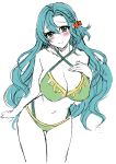  1girl alternate_costume aqua_hair bare_arms bare_shoulders bikini blue_hair blush bow breasts chloe_(fire_emblem) cleavage commentary_request cowboy_shot criss-cross_halter fire_emblem fire_emblem_engage green_bikini green_eyes hair_between_eyes hair_bow halterneck hand_on_own_chest highres large_breasts long_hair looking_at_viewer navel orange_bow simple_background sketch smile solo standing stomach swimsuit tara_(szzj7733) thighs very_long_hair white_background 