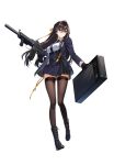  1girl absurdres assault_rifle bangs brown_hair counter:side full_body gloves gun highres holding holding_gun holding_suitcase holding_weapon karin_wong long_hair official_art ribbon rifle suitcase thighhighs transparent_background weapon 
