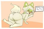  all_fours anthro big_butt butt cheek_tuft dialogue drugs eyelashes facial_tuft fangs female fur generation_9_pokemon green_body green_fur hair hi_res huge_butt lewdpunch looking_at_viewer marijuana narrowed_eyes nintendo open_mouth pink_background pink_eyes pink_sclera pokemon pokemon_(species) simple_background solo speech_bubble sprigatito talking_to_viewer teeth text thick_thighs tuft weed_cat_(meme) white_body white_fur white_hair wide_hips 
