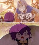  2girls alternate_costume artist_name bernadetta_von_varley blonde_hair breast_envy breasts chibi commentary english_commentary english_text facebook_username fire_emblem fire_emblem:_three_houses fire_emblem_heroes garreg_mach_monastery_uniform grey_hair gullveig_(fire_emblem) highres horns johncgz large_breasts long_hair multicolored_hair multiple_girls open_mouth pale_skin purple_eyes purple_hair shadow shirt single_horn teeth twitter_username two-tone_hair uniform very_long_hair yellow_horns 