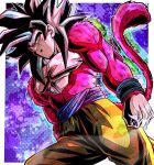  1boy abs black_hair body_fur dragon_ball dragon_ball_gt highres large_pectorals looking_at_viewer male_focus monkey_boy monkey_tail muscular muscular_male pants pectorals pink_fur smirk son_goku spiked_hair super_saiyan super_saiyan_4 tail topless_male ushi_(akabec0) wristband yellow_eyes yellow_pants 