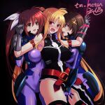  3girls black_thighhighs blonde_hair blue_bodysuit blush bodysuit breast_grab breasts brown_hair endori fate_testarossa grabbing grabbing_from_behind hair_ornament hair_ribbon hairclip hand_on_another&#039;s_thigh highres large_breasts long_hair looking_at_another lyrical_nanoha mahou_shoujo_lyrical_nanoha_strikers multiple_girls numbers&#039;_uniform open_mouth red_eyes restrained ribbon shiny_skin short_hair side_ponytail smile takamachi_nanoha thighhighs yagami_hayate yellow_eyes yuri 