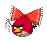  angry_birds bird bow cosplay frilled_bow frills gohei hakurei_reimu hakurei_reimu_(cosplay) lunarisaileron open_mouth red_(angry_birds) red_bow simple_background solo touhou white_background 