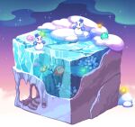  43 blue_headwear blush blush_stickers brown_eyes cave chilly_(kirby) commentary_request crystal frozen full_body gradient_sky hat ice ice_cave isometric kirby_(series) night night_sky no_humans scenery sky snow snowman standing star_(sky) starry_sky waddle_dee 