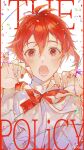  1boy blush border bow chaco_stool highres idolish_7 long_sleeves looking_at_viewer male_focus nail_polish nanase_riku open_mouth red_border red_bow red_eyes red_hair shirt short_hair solo song_name white_background white_shirt 