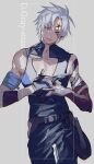  1boy allen_walker azisaiharumaki56 bangs black_gloves blue_eyes closed_mouth copyright_name d.gray-man facial_mark forehead_mark gloves highres looking_at_viewer male_focus marking_on_cheek signature single_glove solo spiked_hair white_hair 