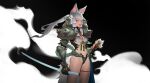  1girl absurdres animal_ear_fluff animal_ears armor bangs bare_legs bikini_armor black_gloves blue_eyes breasts cleavage cleavage_cutout closed_mouth clothing_cutout commentary covered_nipples cowboy_shot english_commentary flower fox_ears fox_girl fox_tail gloves grey_hair grey_tail hair_flower hair_ornament highres holding holding_sword holding_weapon katana lips long_hair looking_at_viewer looking_to_the_side medium_breasts original pink_lips ponytail rope shimenawa shoulder_armor sidelocks single_glove solo sword tail tassel teapot thigh_strap turtleneck vambraces weapon white_flower wonbin_lee 