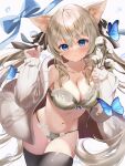  animal_ears blonde_hair blue_butterfly blue_eyes blush bra breasts bug butterfly cardigan cat_ears cleavage collarbone flower grey_bra grey_panties highres holding holding_flower large_breasts lingerie long_hair long_sleeves looking_at_viewer open_cardigan open_clothes original panties simple_background tsukimiya_sara twintails underwear very_long_hair white_background white_cardigan 