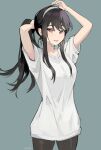  1girl alternate_costume black_hair breasts earrings grey_background hairband highres jewelry long_hair looking_at_viewer medium_breasts milka_(milk4ppl) pants parted_lips ponytail red_eyes shirt sidelocks solo spy_x_family sweat tight tight_pants tying_hair white_shirt yor_briar 