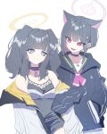  2girls animal_ears black_camisole black_hair blue_archive blue_eyes camisole closed_mouth collar colored_inner_hair dog_ears extra_ears hair_ornament hair_ribbon hairclip halo hand_in_pocket hibiki_(blue_archive) highres hood hoodie jacket jacket_partially_removed kazusa_(blue_archive) long_sleeves looking_at_another multicolored_hair multiple_girls neckerchief open_clothes open_jacket open_mouth pink_hair purple_collar red_eyes ribbon sailor_collar simple_background smile sumutemu two-tone_hair upper_body white_background 