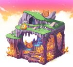  43 :o blush blush_stickers brown_eyes cave commentary_request crystal full_body gradient_sky grass isometric kirby_(series) no_humans open_mouth plant rock scarfy scenery simple_background sitting sky stairs stalactite star_(sky) twilight waddle_dee water waterfall white_background 