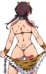  1girl ass bikini chain cosplay crotch em_(totsuzen_no_hakike) fake_horns from_behind g-string gertrud_barkhorn hair_ribbon highres horns oni_costume oni_horns ribbon sarong shiny_skin shoulder_blades simple_background skindentation solo standing strike_witches swimsuit thong twintails white_background world_witches_series 