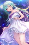  +_+ 1boy aqua_eyes aqua_hair arm_garter bare_shoulders bulge ceiling_fan clothes_lift crossdressing dohna_dohna_issho_ni_warui_koto_o_shiyou dress dress_lift e_(eokiba) embarrassed feet_out_of_frame frilled_dress frills hair_ornament hairclip highres indoors joker_(dohna_dohna) lifted_by_self long_hair open_mouth otoko_no_ko panties sleeveless sleeveless_dress strapless strapless_dress sweatdrop underwear white_panties 