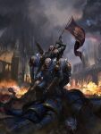  absurdres armor bald blue_armor celeng chaos_(warhammer) chaos_space_marine genestealer gun headwear_removed helmet helmet_removed highres holding holding_gun holding_weapon multiple_boys night_lords shoulder_armor warhammer_40k weapon 