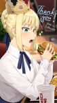  1girl aqua_eyes artist_name artoria_pendragon_(fate) bendy_straw blonde_hair blue_ribbon blurry blurry_background braid burger burger_king commentary cup disposable_cup drinking_straw english_commentary fast_food fate/stay_night fate_(series) food french_braid french_fries from_side highres holding holding_food indoors long_sleeves milestone_celebration neck_ribbon open_mouth paper_crown ribbon saber sasoura shirt solo sparkle thank_you white_shirt wing_collar 