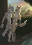  anthro bodily_fluids brown_eyes canid canine canis duo fishing fox frottage hi_res humanoid_genitalia kiss_on_lips lake male male/male mammal provocative pyramid saliva saliva_string sex stealth_sex tribal wolf wolfyalex96 