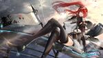  1girl absurdres banner black_bodysuit bodysuit breasts headgear highres impossible_bodysuit impossible_clothes long_hair mechanical_arms mechanical_legs ponytail punishing:_gray_raven red_eyes red_hair small_breasts takei_(jamfusion) vera_(punishing:_gray_raven) white_bodysuit 